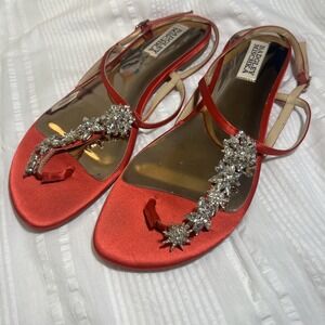 BADGLEY MISCHKA Red Satin Tate Crystal Thong Slingback Sandals EUC Size 8.5